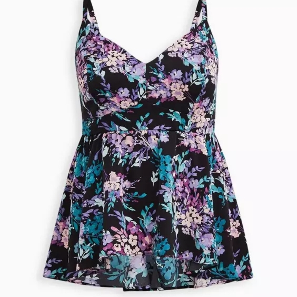 Floral V-Neck Sleeveless Tank Top - Black with Purple & Teal Floral